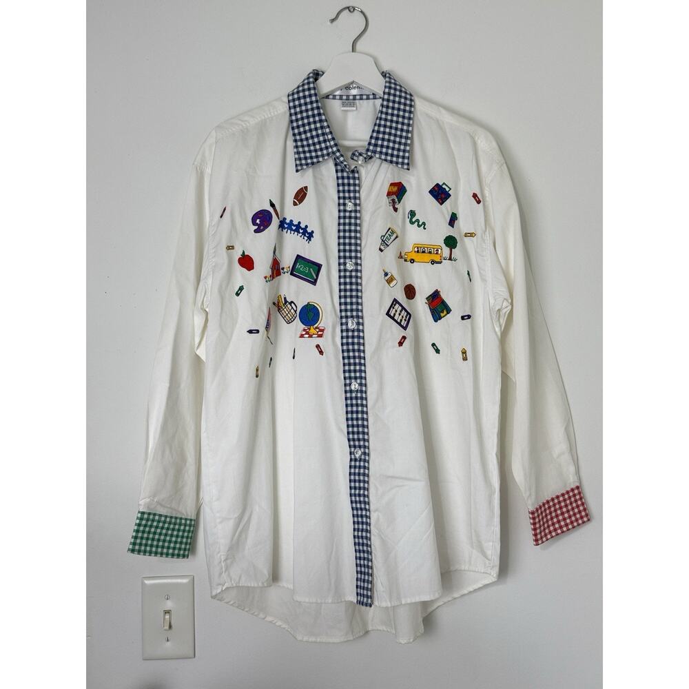 Casey Coleman Women Shirt Teacher Patchwork Embroidered School Cotton Size M